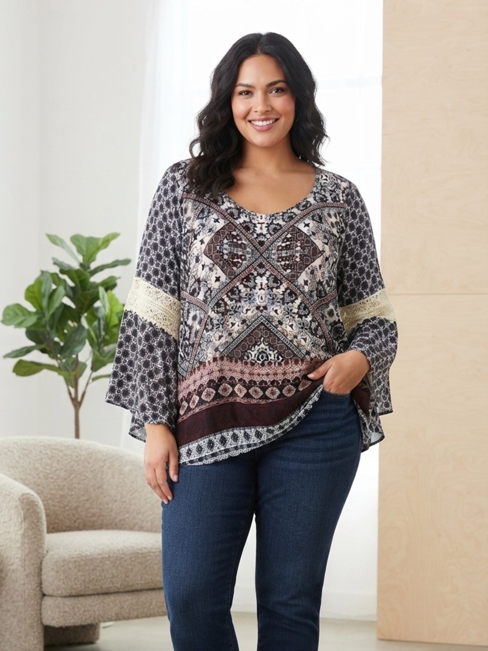 Plus-Size Patterned Bell Sleeve Tunic in Black and Brown